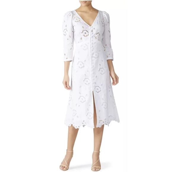 Rebecca Taylor Terri Dress Embroidered White Linen Midi Dress with Tie Back 4 - Picture 1 of 12